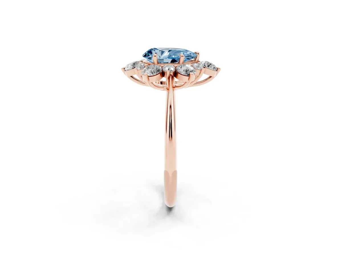 Fancy Blue Pear Cut Diamond Cluster Halo Ring with Solitaire Band and Four-Prong Setting Rose gold