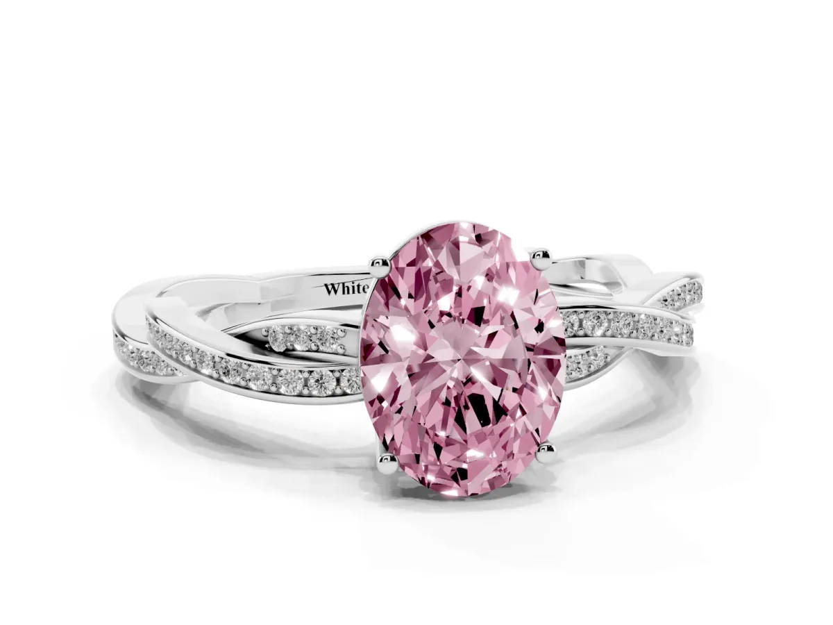 Fancy Pink Oval Cut Solitaire Twisted Pave Diamond Ring with Four-Prong Setting White gold