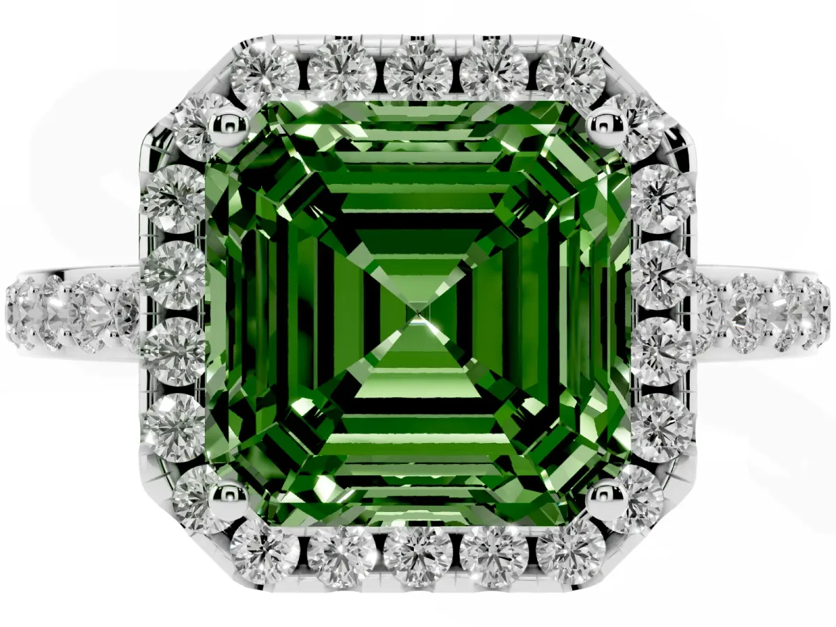 Fancy Green Asscher Cut Halo Diamond Pavé Band Ring with Prong Setting Silver