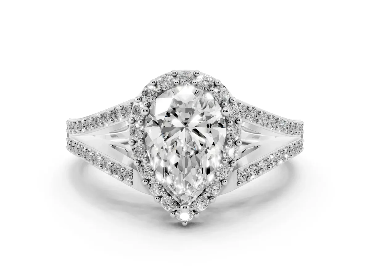 Pear Cut Halo Split Shank Pave Diamond Ring with Four-Prong Setting White gold