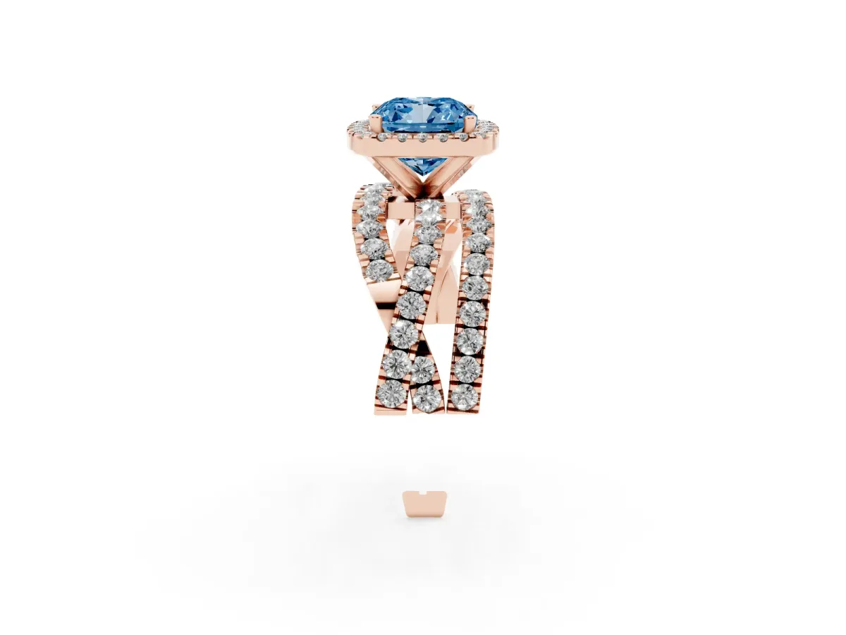 Fancy Blue Cushion Cut Diamond Halo Ring with Round Split Shank and Prong Setting Rose gold