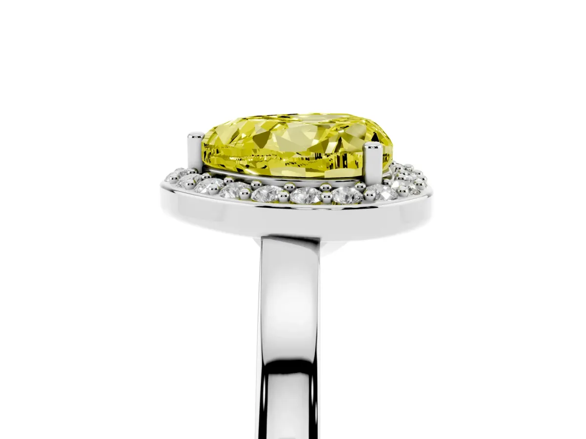 Fancy Yellow Heart Cut Halo Diamond Ring with Solitaire Band and Prong Setting Silver
