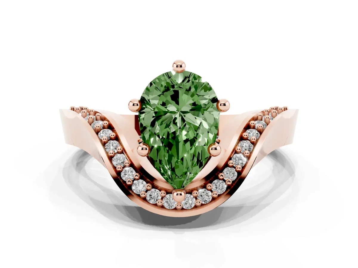 Fancy Green Pear Cut Solitaire Diamond Engagement Ring with Pave Band and Four-Prong Setting Rose gold