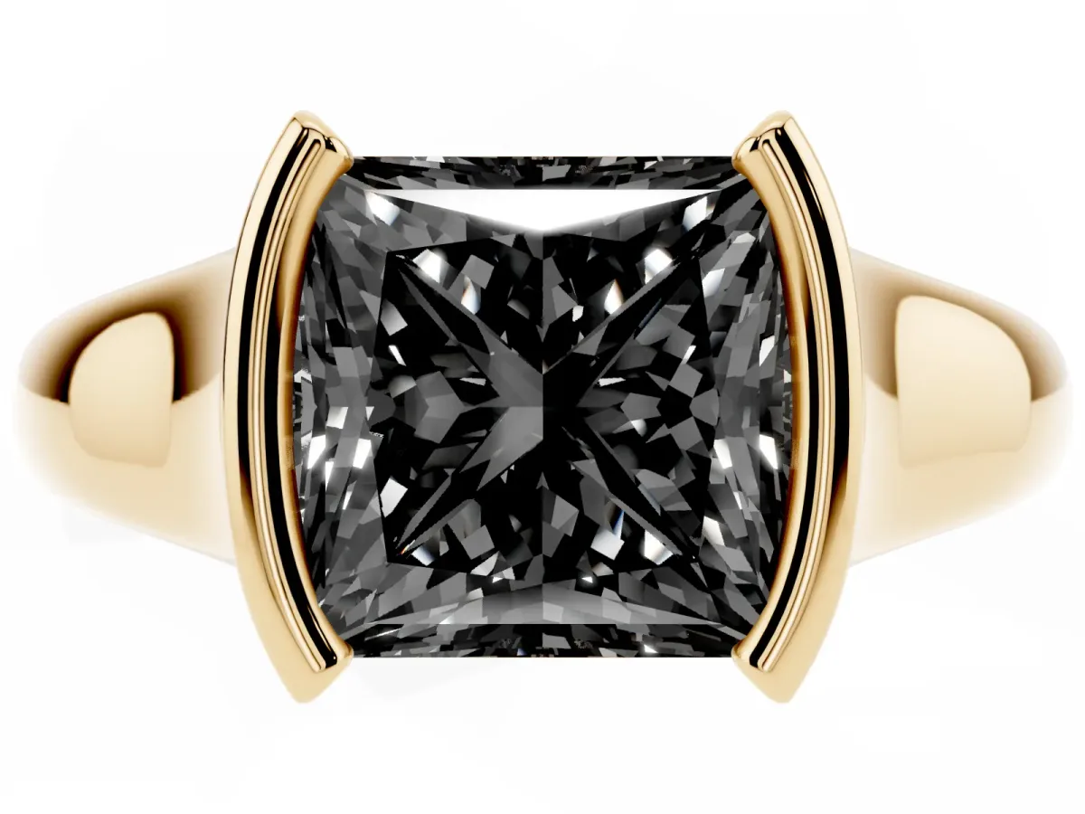 Fancy Black Princess Cut Solitaire Tension Set Diamond Ring with Split Shank Band Yellow gold