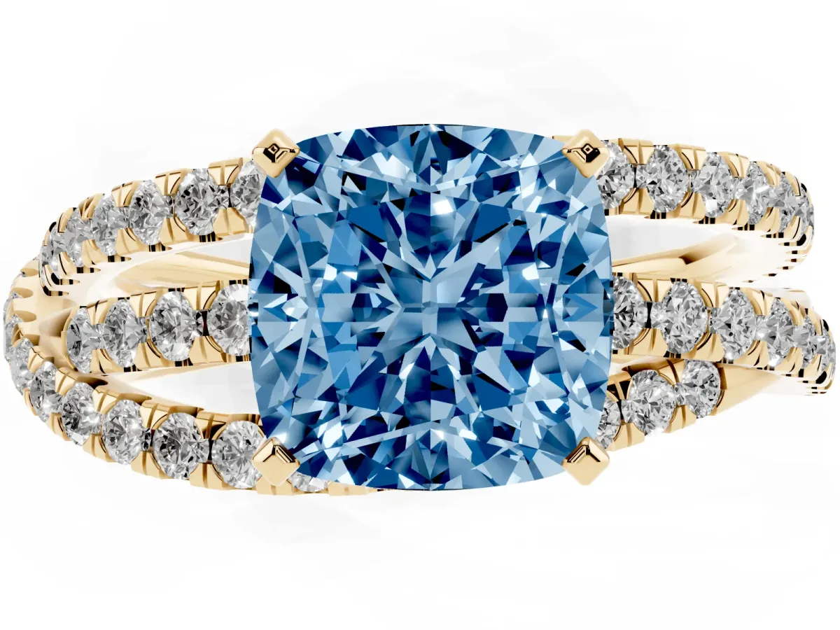 Fancy Blue Cushion Cut Solitaire Twist Band with Pavé Setting and Four-Prong Setting Yellow gold