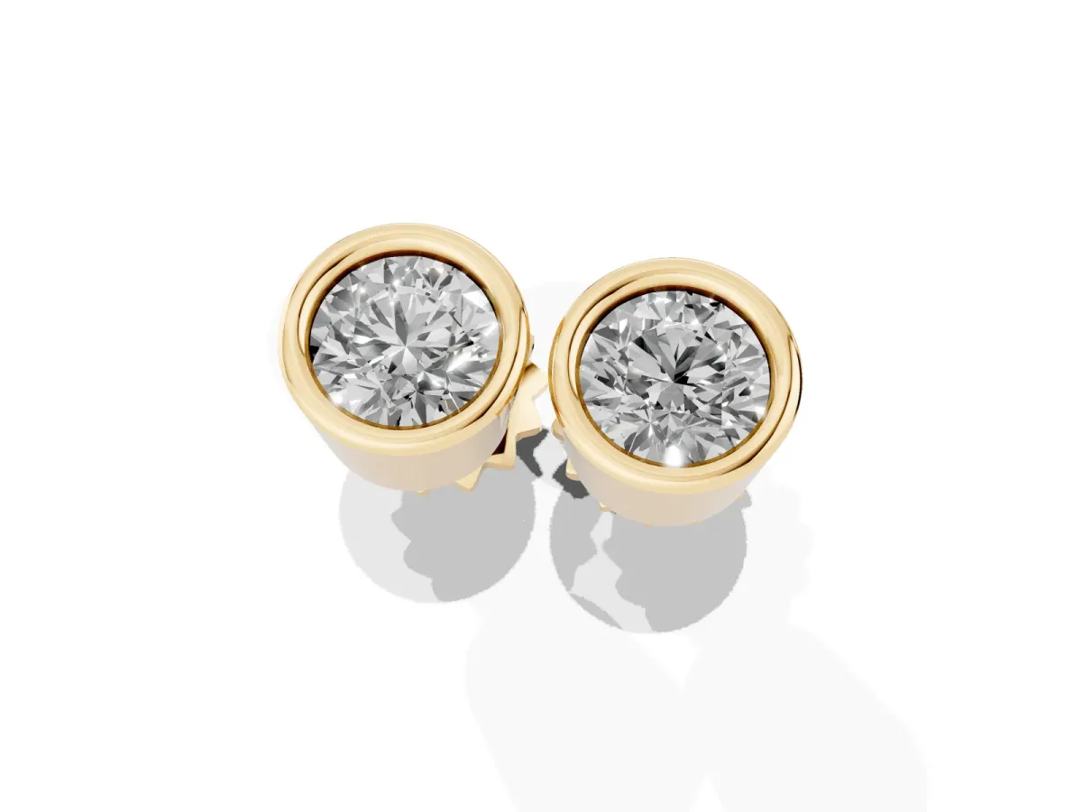 Bezel Set Round Diamond Stud Earrings with Push Back Yellow gold