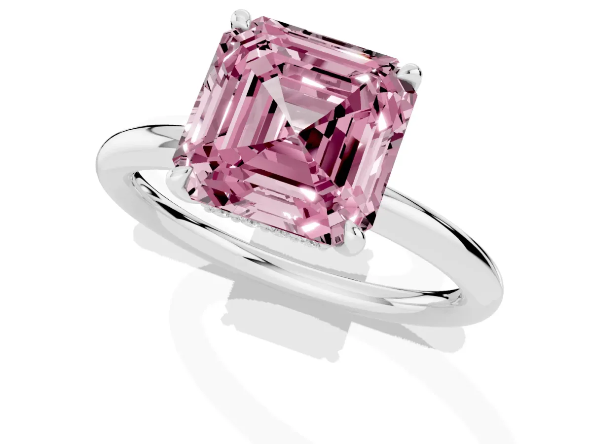 Fancy Pink Asscher Cut Diamond Solitaire Ring with Thin Band and Four-Prong Setting Silver