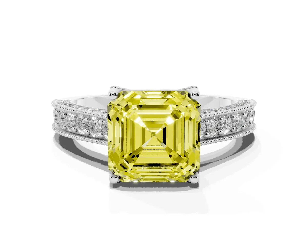 Fancy Yellow Asscher Cut Cut Diamond Solitaire Ring with Milgrain Pave Band and Four Prong Setting Silver