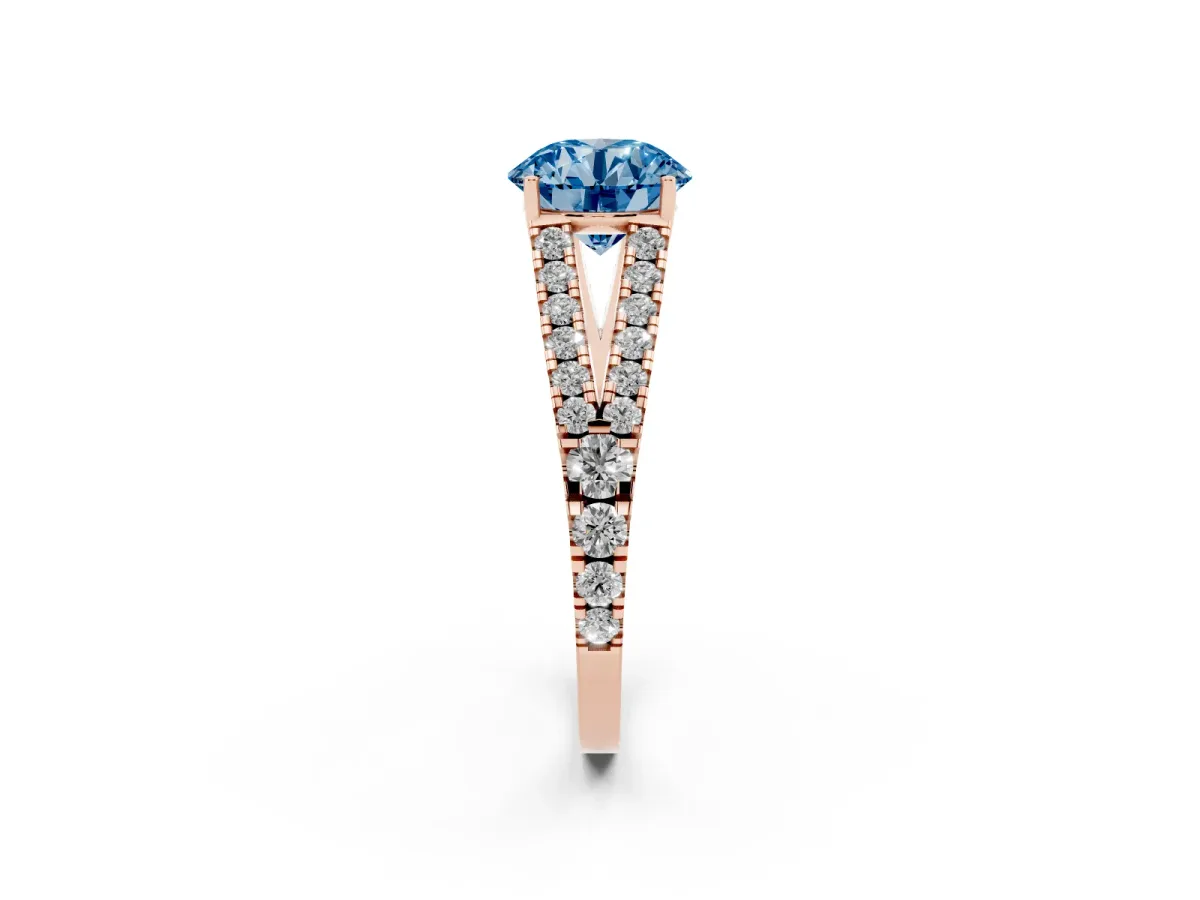 Fancy Blue Round Cut Diamond Split Shank Engagement Ring with Round Pavé and Prong Setting Rose gold