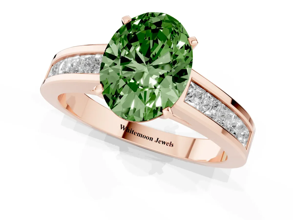 Fancy Green Oval Cut Solitaire Diamond Ring with Channel-Set Band and Four-Prong Setting Rose gold
