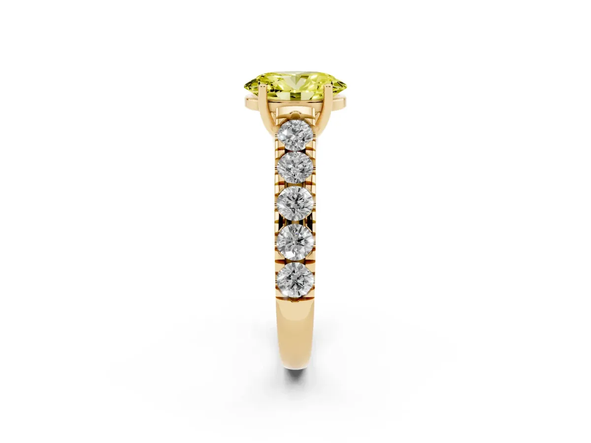 Fancy Yellow Oval Cut Cut Diamond Solitaire Ring with Micro Pave Band and Prong Setting Yellow gold