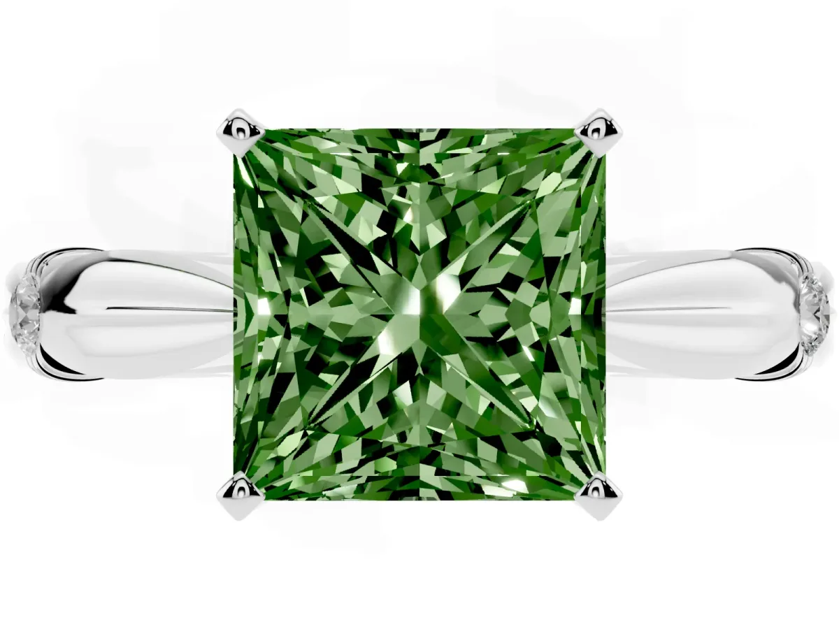 Fancy Green Princess Cut Solitaire Diamond Twisted Band with Four-Prong Setting Silver