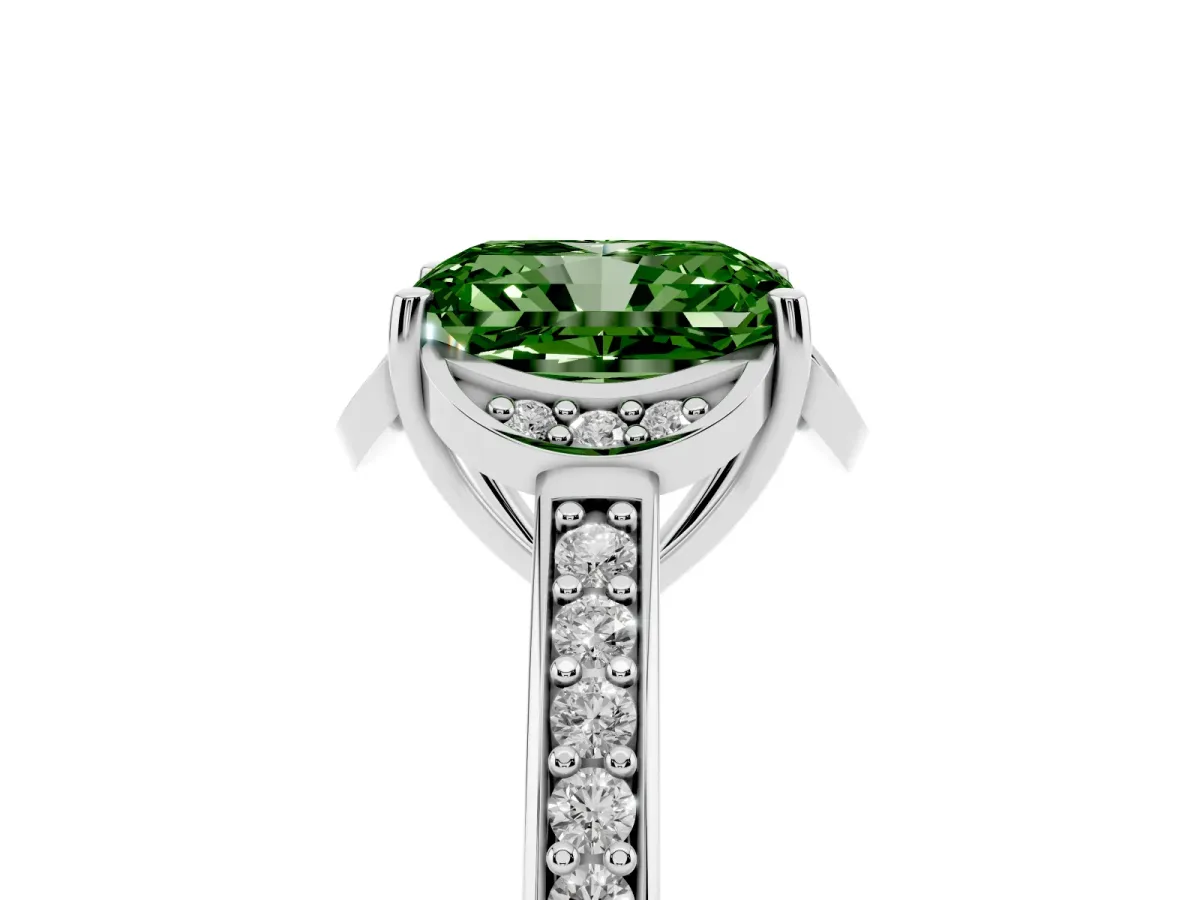 Fancy Green Radiant Cut Cut Halo Diamond Ring with Channel Set Band and Four-Prong Setting White gold