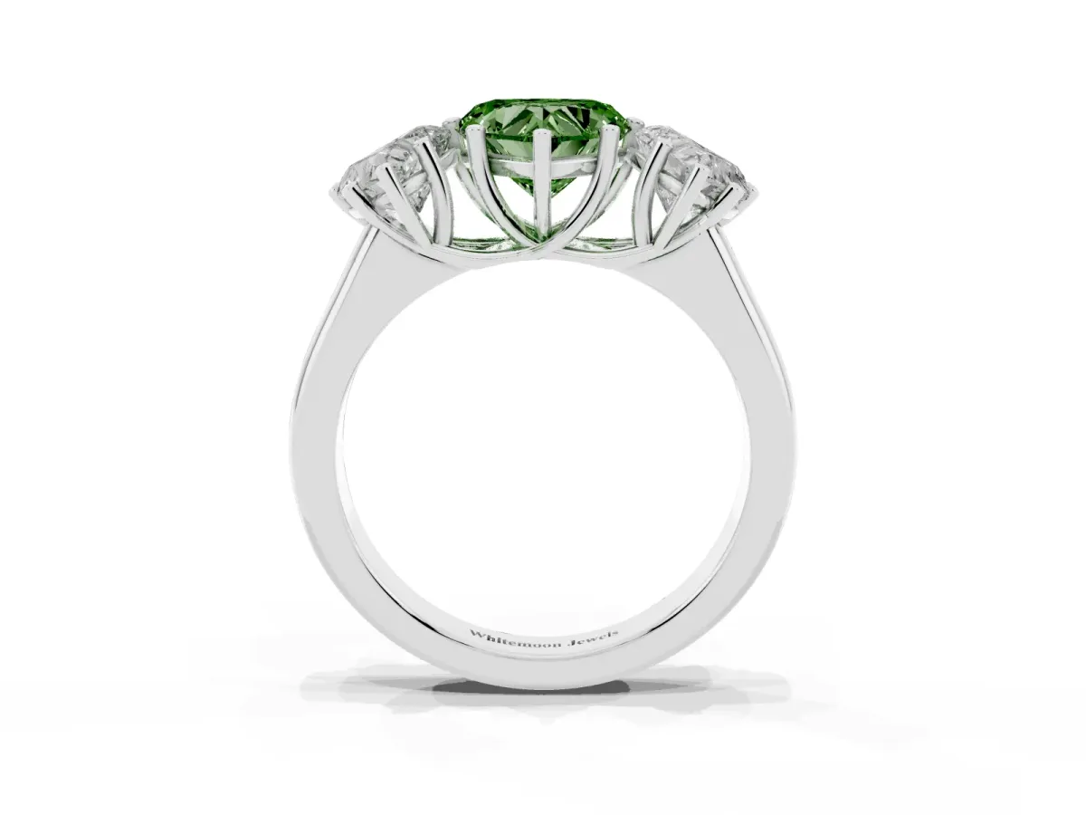 Fancy Green Heart Cut Three-Stone Diamond Ring with Prong Setting on a Classic Band Silver