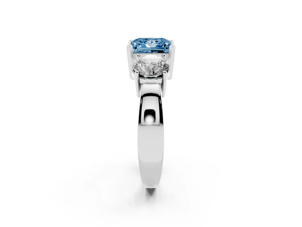 Fancy Blue Three-Stone Princess Cut Diamond Ring with Round Side Stones, Classic Band, and Four-Prong Setting White gold