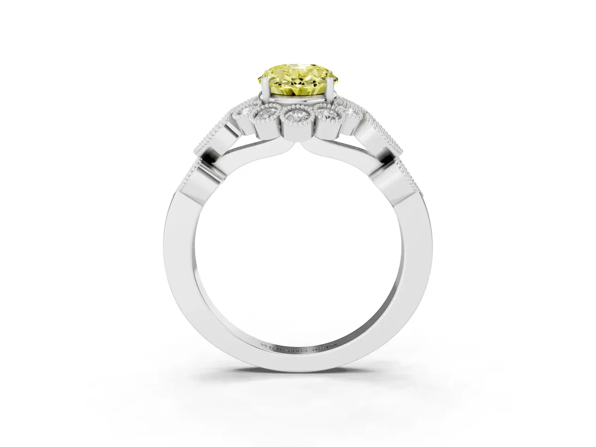 Fancy Yellow Oval Cut Brilliant Milgrain Pave Heart Band Solitaire Ring Silver
