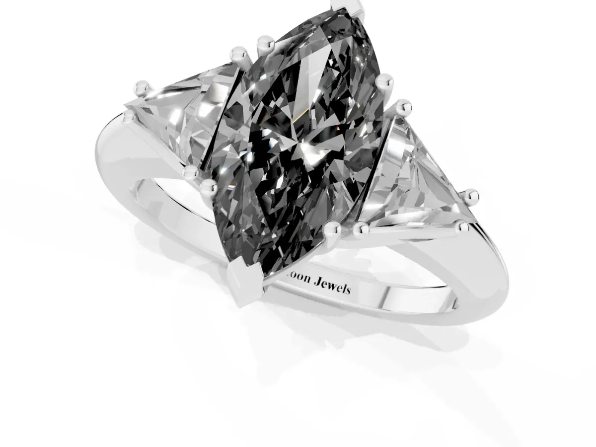 Fancy Black Three-Stone Marquise Cut Diamond Engagement Ring with Trillion Side Stones and Prong Setting Silver