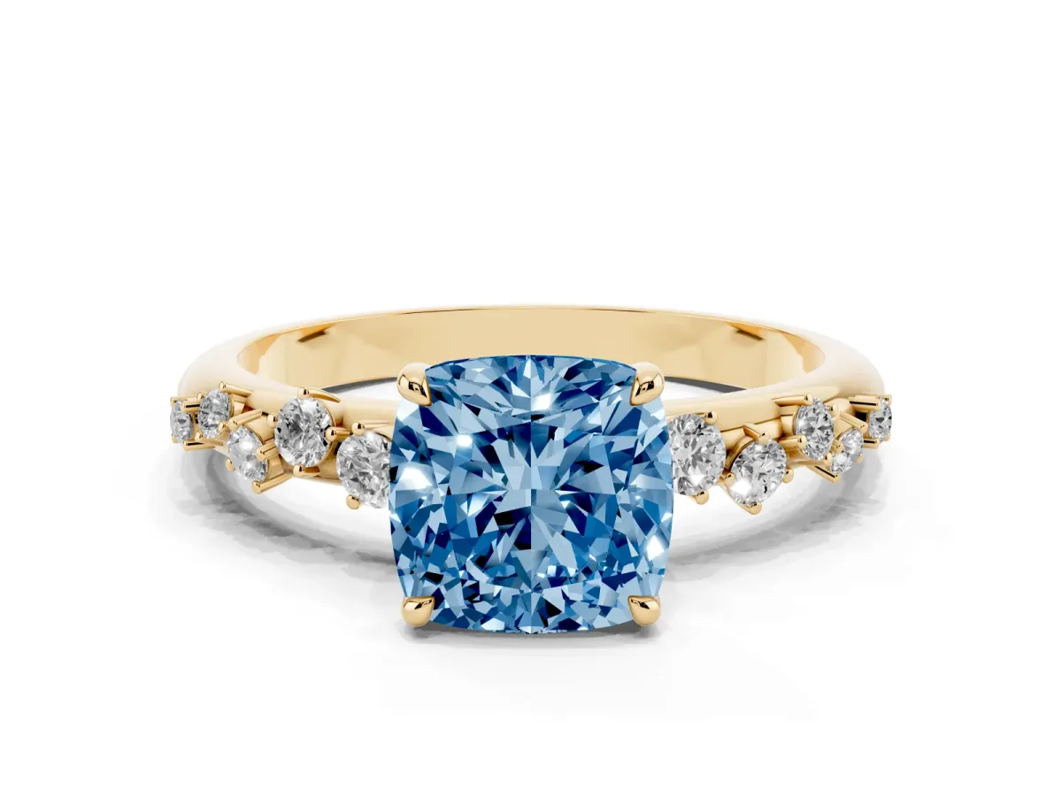 Fancy Blue Cushion Cut Diamond Cluster Prong-Set Solitaire Ring Yellow gold