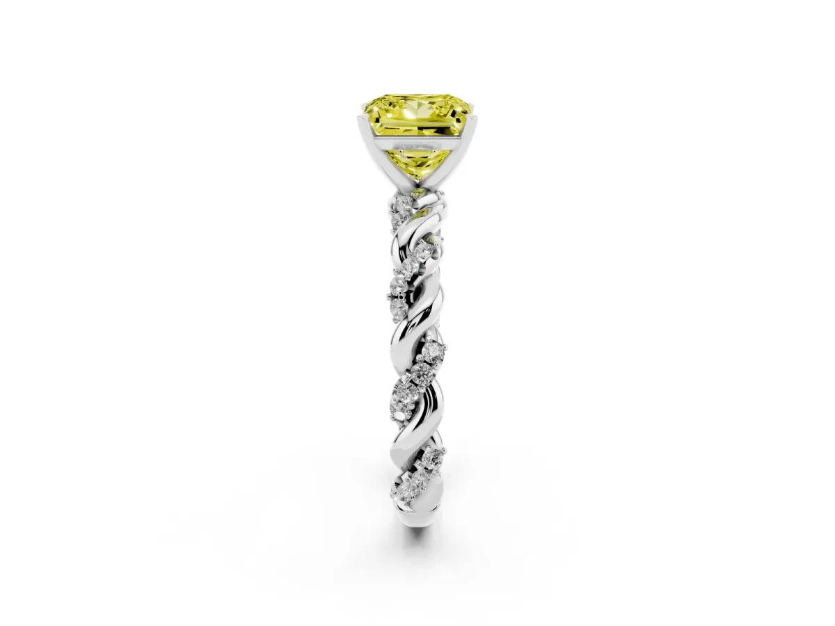 Fancy Yellow Princess Cut Diamond Solitaire Ring with Twisted Band and Pavé Accents Silver