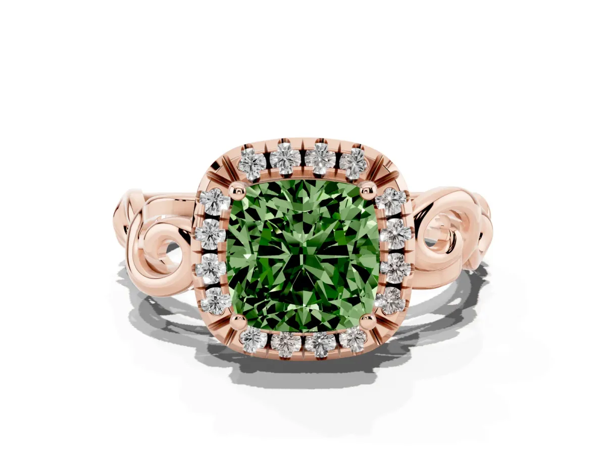 Fancy Green Cushion Cut Cut Halo Diamond Ring with Scrollwork Band and Four-Prong Setting Rose gold