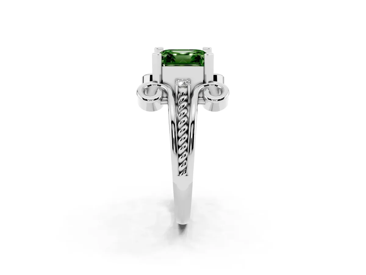 Fancy Green Asscher Cut Solitaire Twisted Band Scroll Prong Ring Silver