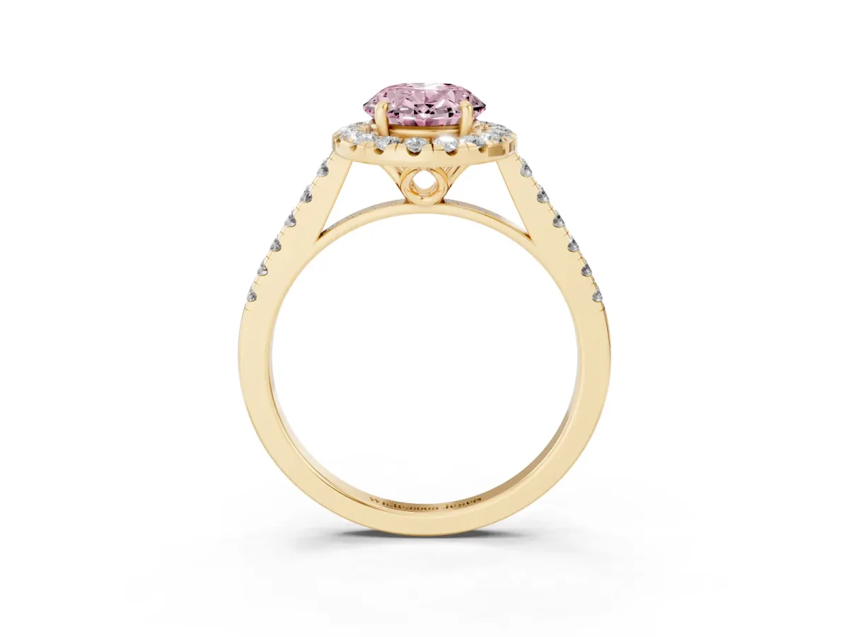 Fancy Pink Oval Cut Halo Pavé Diamond Engagement Ring with Four-Prong Setting Yellow gold