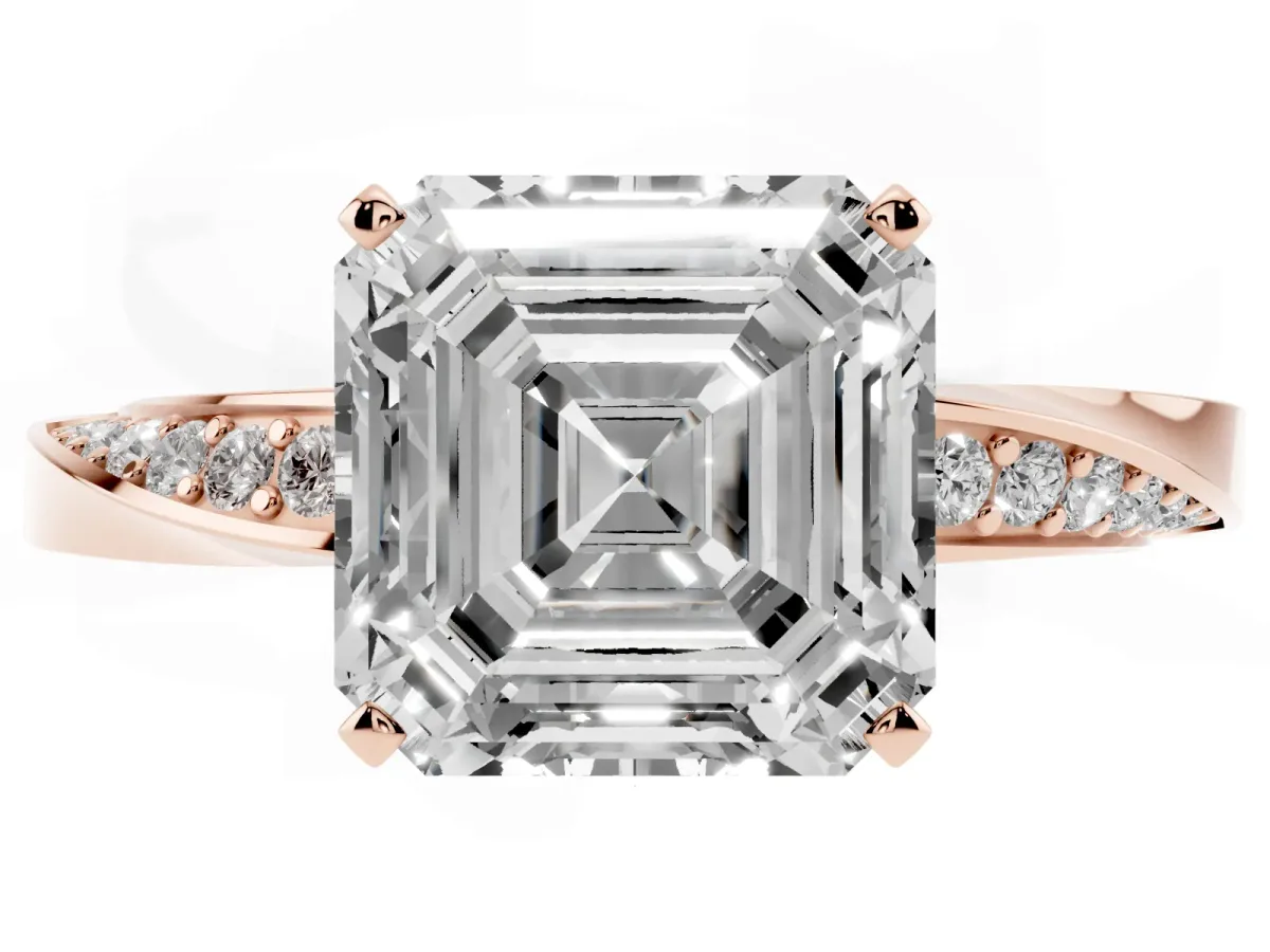 Asscher Cut Diamond Engagement Ring with Side Stone Accents and Four-Prong Setting Rose gold