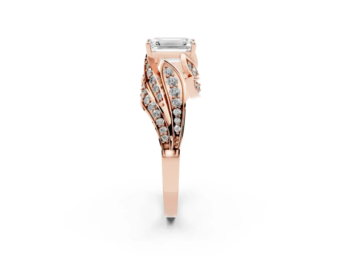 Emerald Cut Diamond Solitaire Ring with Prong Setting and Twisted Pavé Band Rose gold