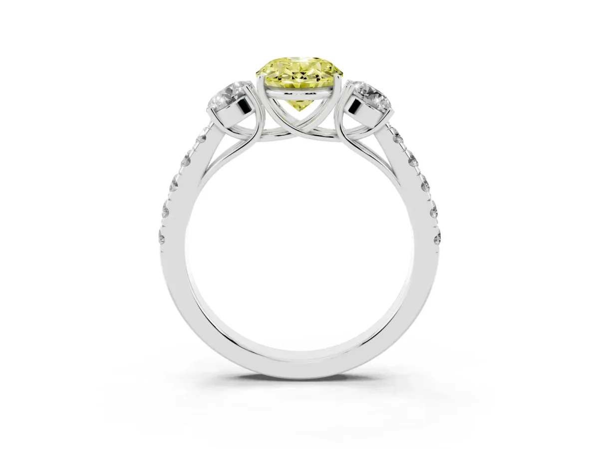 Fancy Yellow Oval Cut Cut Diamond Three-Stone Ring with Round Side Stones and Pavé Band Silver