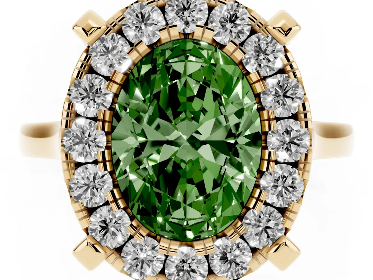 Fancy Green Oval Cut Diamond Cluster Halo Solitaire with Four-Prong Setting Yellow gold