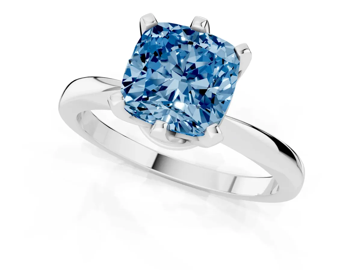 Fancy Blue Cushion Cut Solitaire Engagement Ring with Six-Prong Setting and Tapered Band White gold