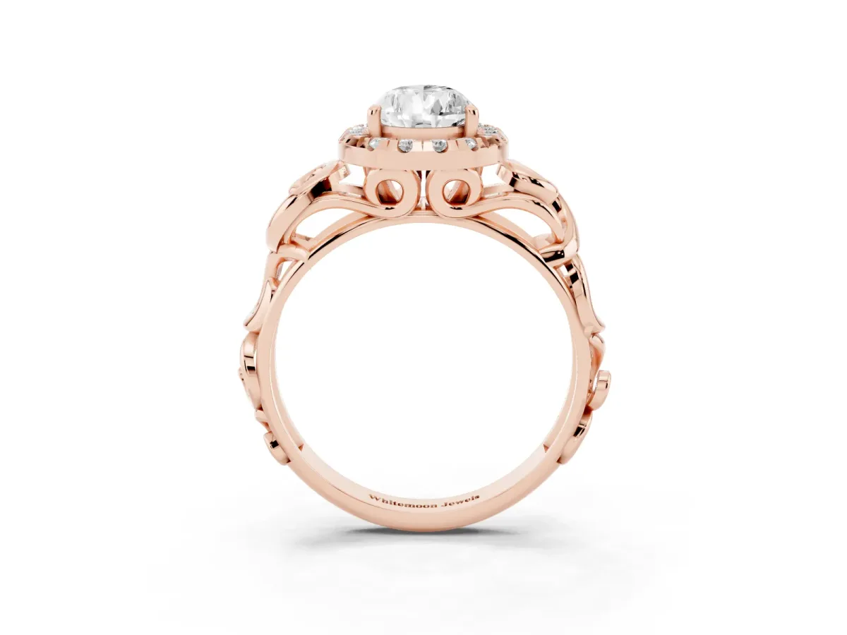 Pear Cut Cut Halo Diamond Ring with Scrollwork Band and Four-Prong Setting Rose gold