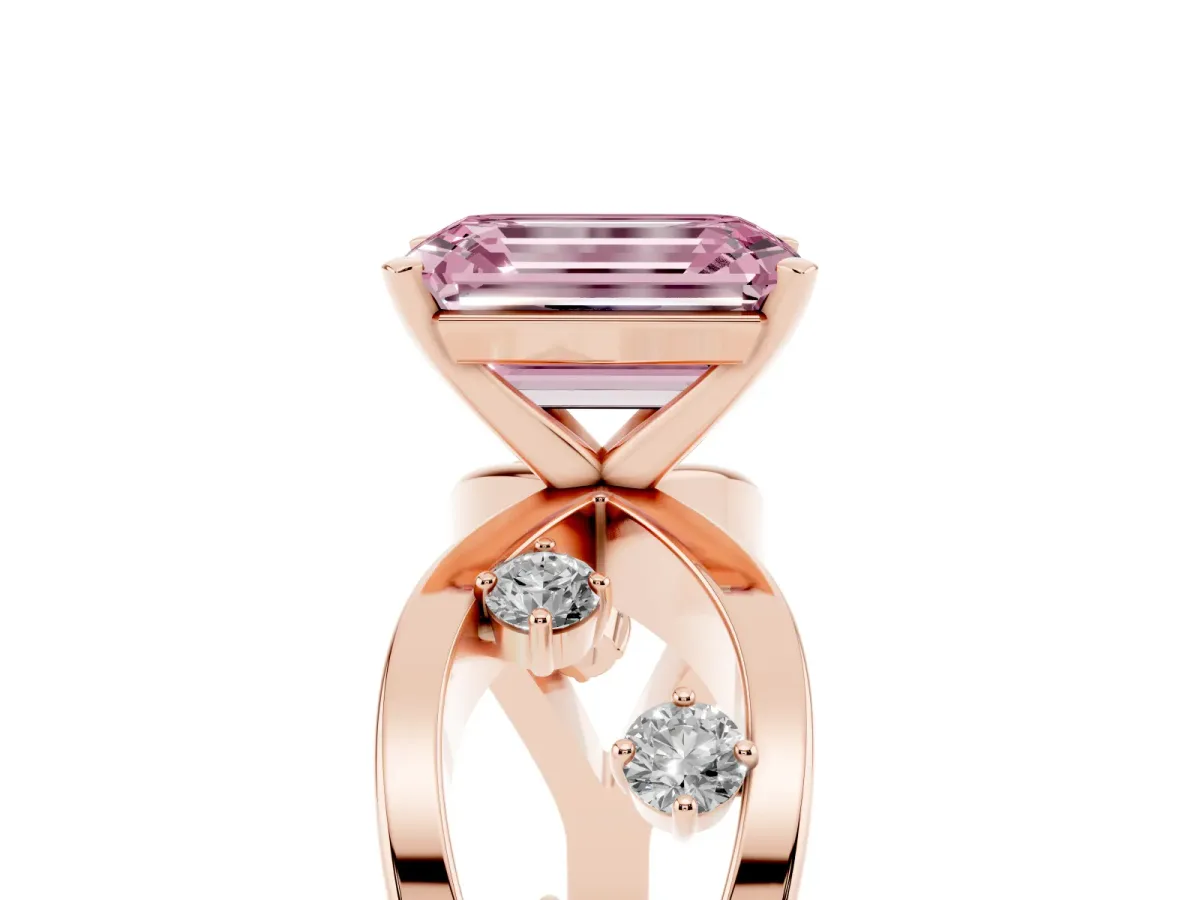 Fancy Pink Emerald Cut Cut Solitaire Diamond with Side Stones on Criss-Cross Band and Four-Prong Setting Rose gold