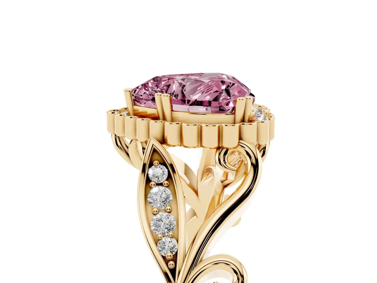 Fancy Pink Heart Cut Diamond Halo Ring with Vintage Split Shank and Four-Prong Setting Yellow gold