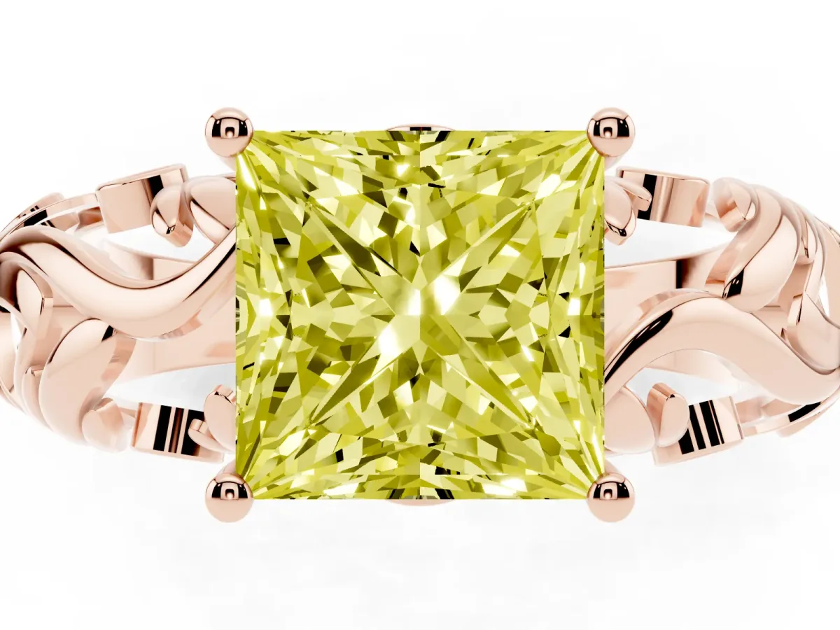 Fancy Yellow Princess Cut Solitaire Diamond Leaf-Inspired Vine Band Ring with Prong Setting Rose gold