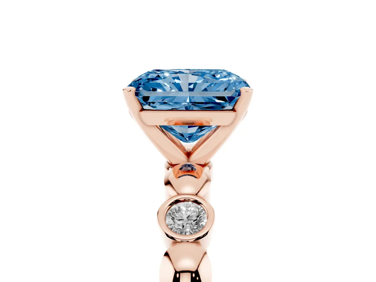 Fancy Blue Radiant Cut Solitaire Bezel-Set Diamond Ring with Beaded Band and Four-Prong Setting Rose gold