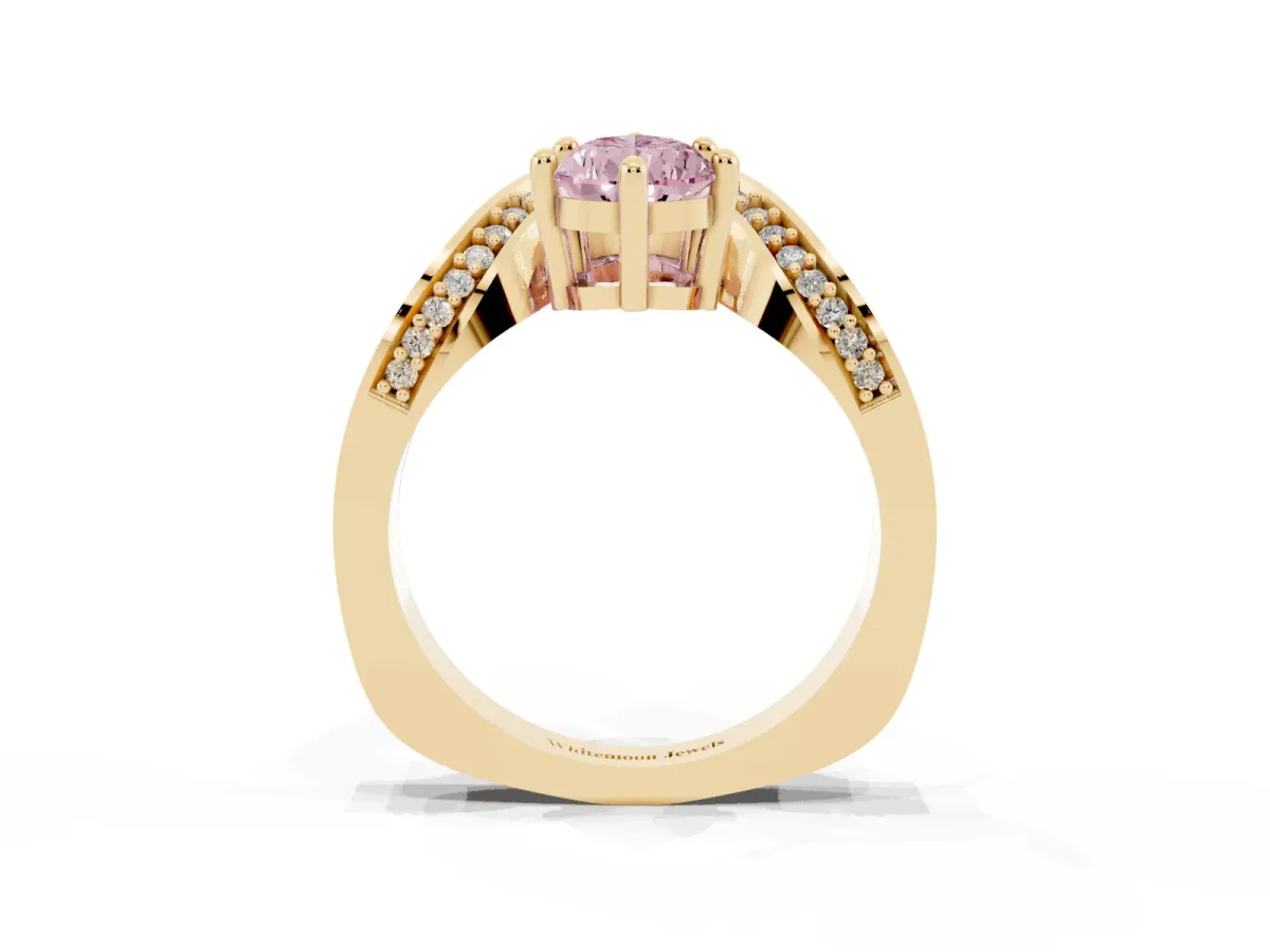 Fancy Pink Pear Cut Solitaire Diamond Engagement Ring with Pave Band and Four-Prong Setting Yellow gold
