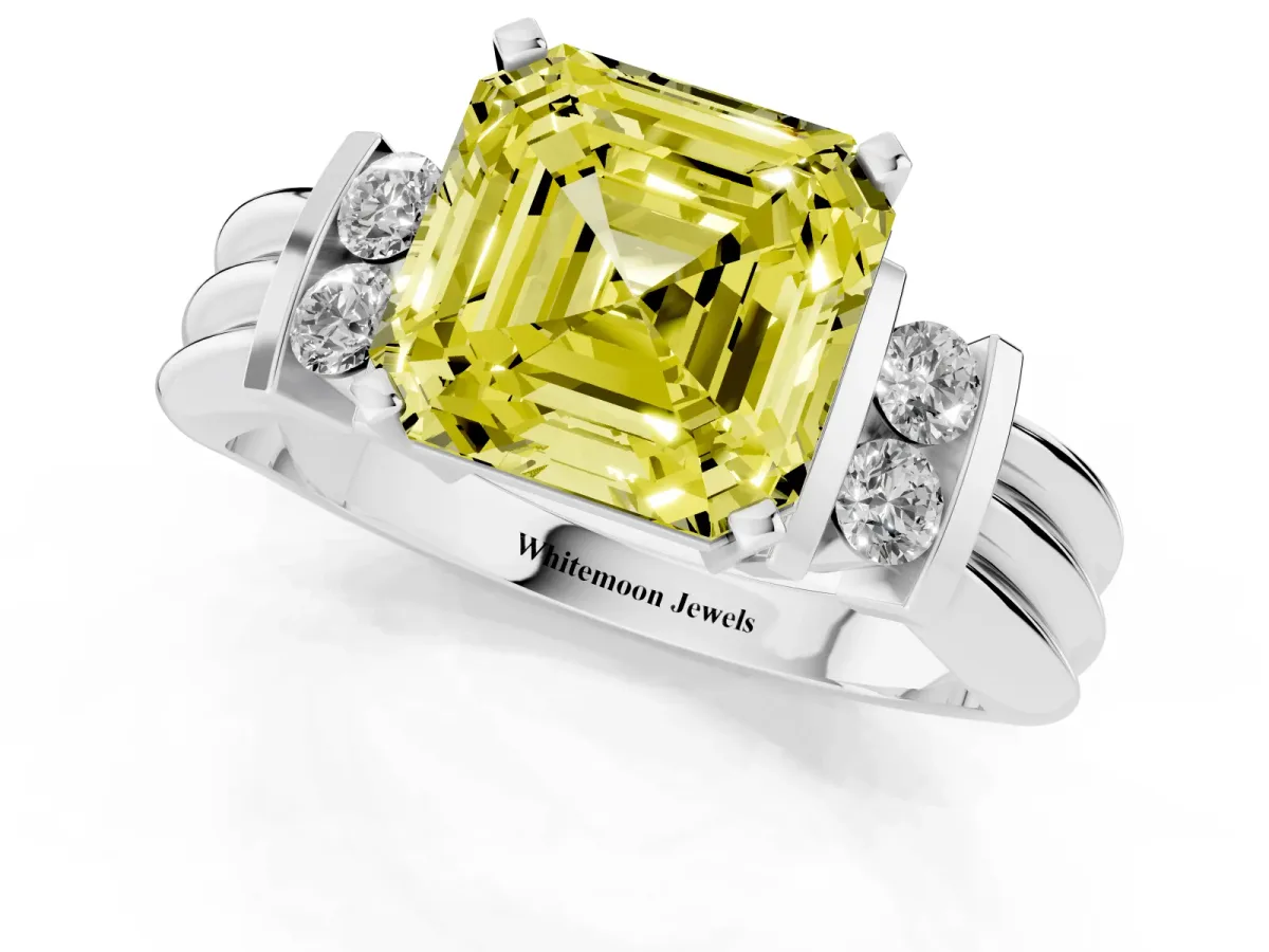 Fancy Yellow Asscher Cut Cut Three-Stone Channel Set Ring with Bar Prongs Silver