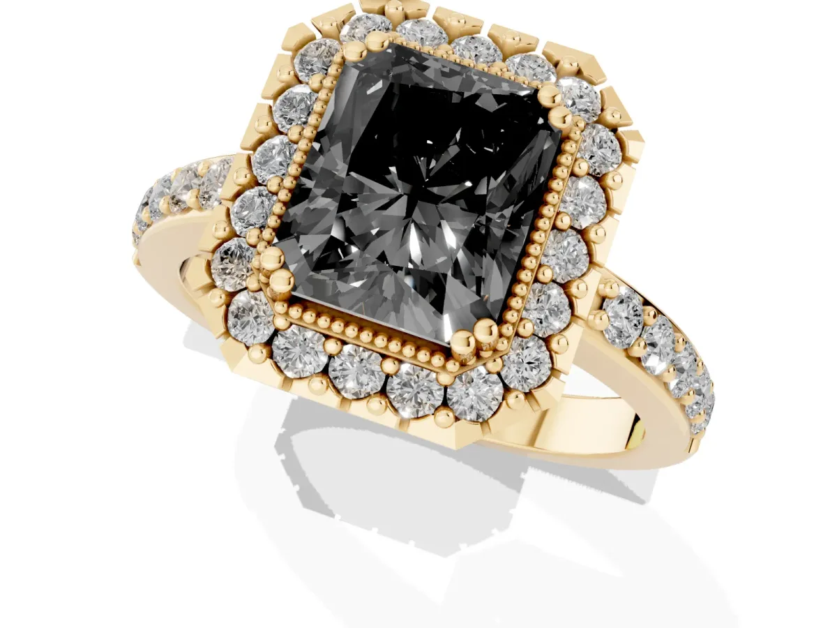 Fancy Black Radiant Cut Diamond Halo Ring with Pavé Band and Prong Setting Yellow gold