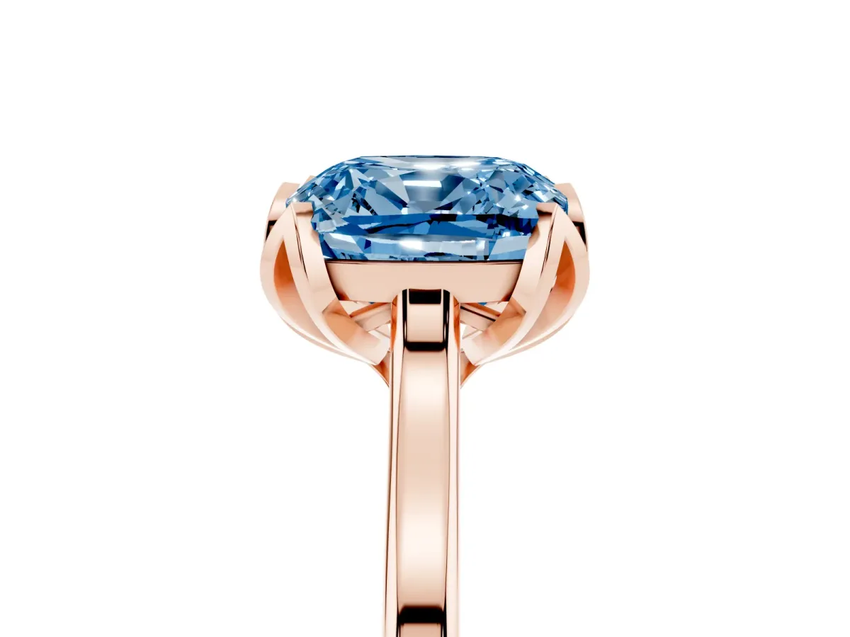 Fancy Blue Cushion Cut Diamond Solitaire Ring with Flower Prong Setting and Classic Band Rose gold