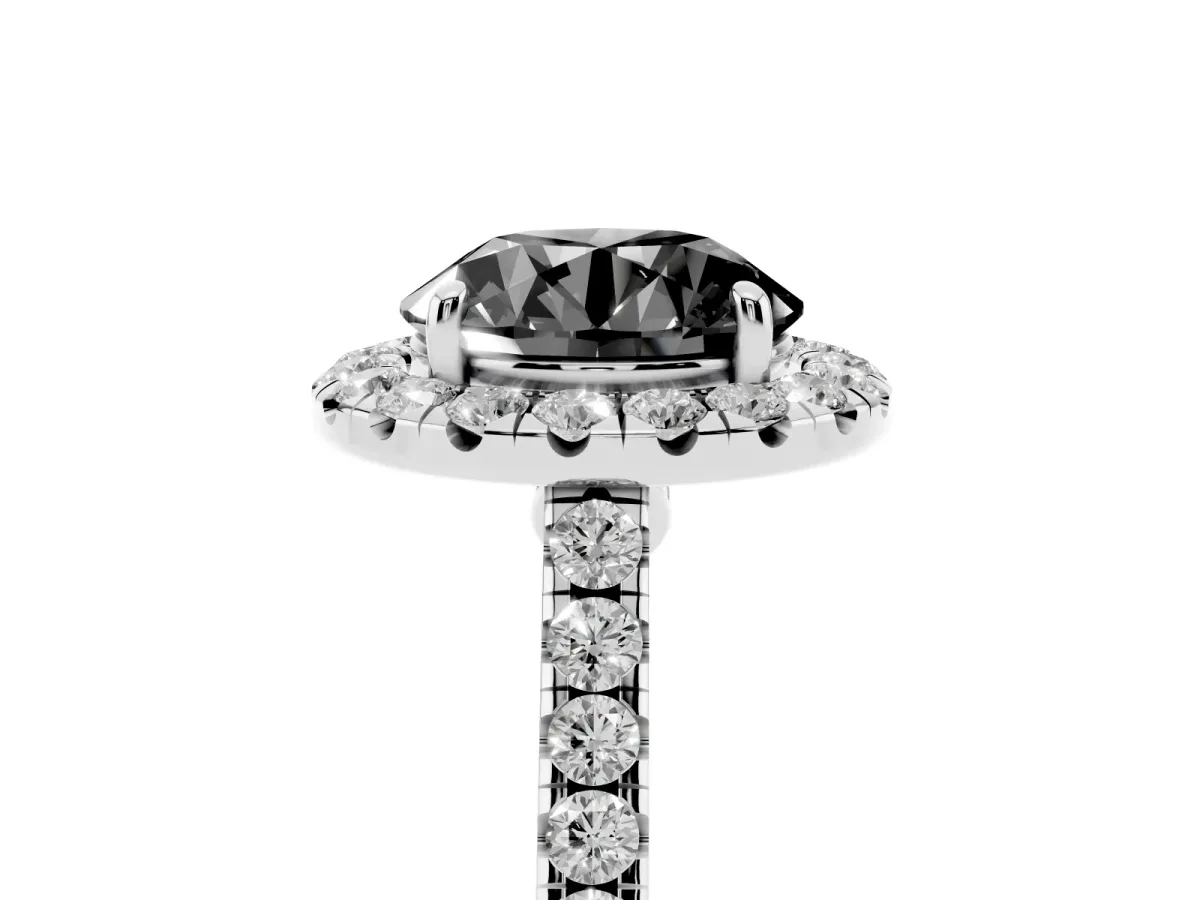 Fancy Black Round Cut Halo Pave Diamond Engagement Ring with Four-Prong Setting Silver