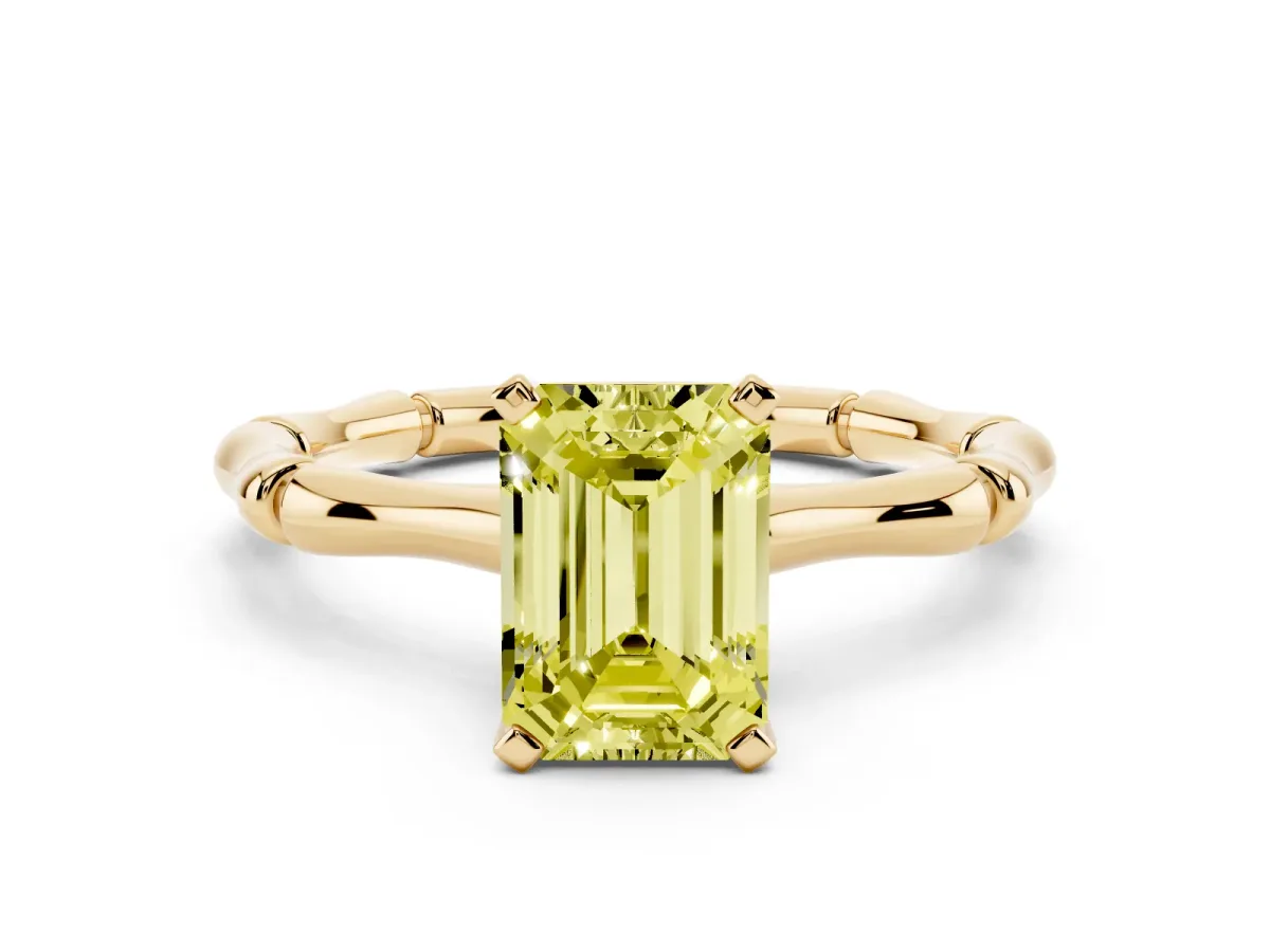 Fancy Yellow Emerald Cut Solitaire Diamond Ring with Bamboo Band and Four-Prong Setting Yellow gold
