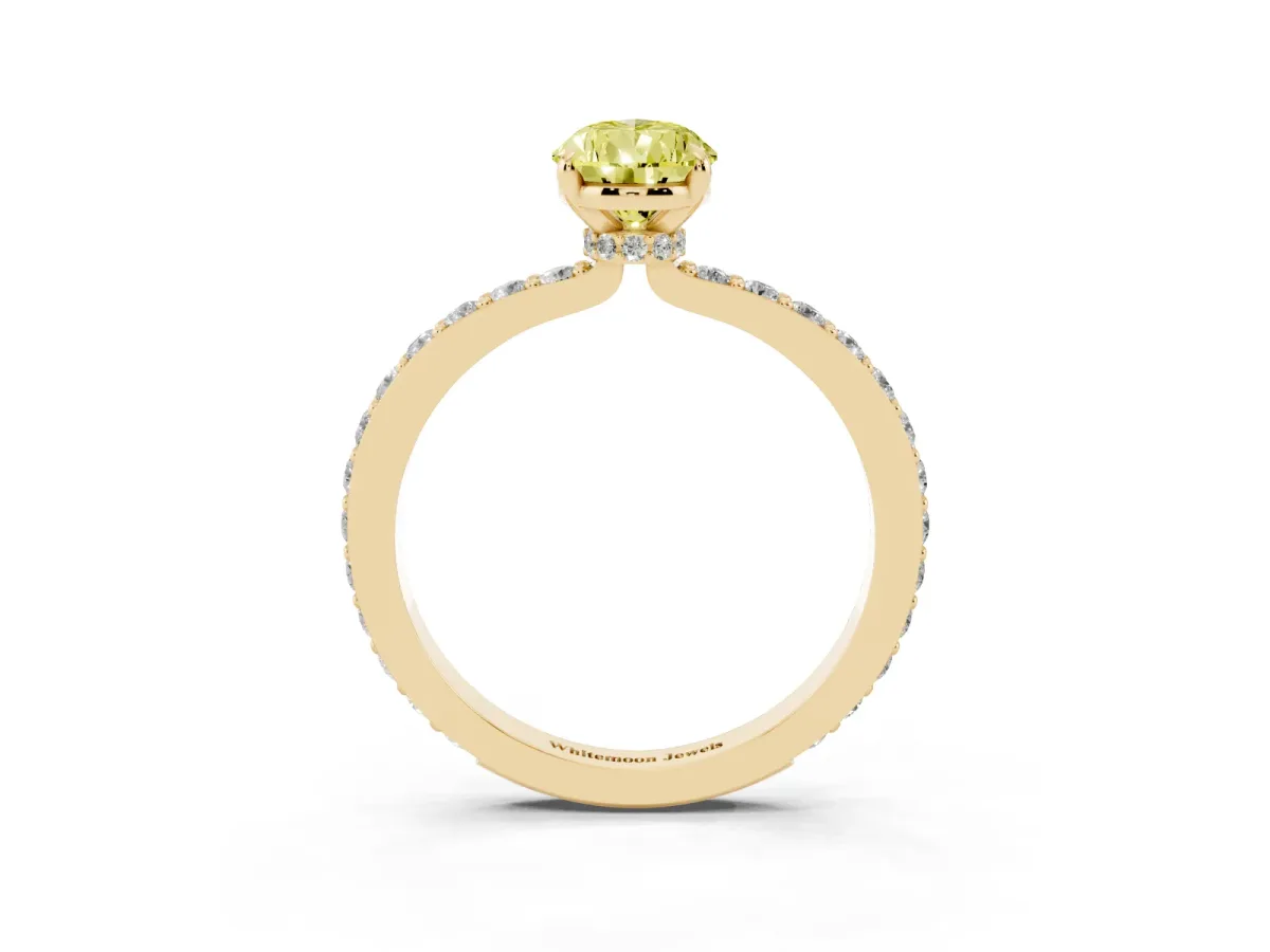 Fancy Yellow Pear Cut Diamond Pavé Engagement Ring with Round Accents and Prong Setting Yellow gold