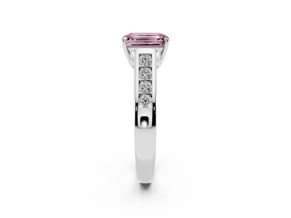 Fancy Pink Emerald Cut Solitaire Channel-Set Diamond Engagement Ring with Four-Prong Setting Platinum