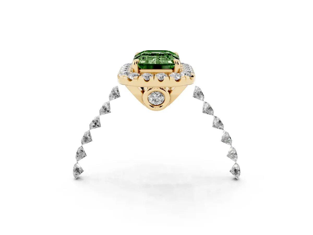 Fancy Green Emerald Cut Halo Pavé Diamond Engagement Ring with Four-Prong Setting Yellow gold