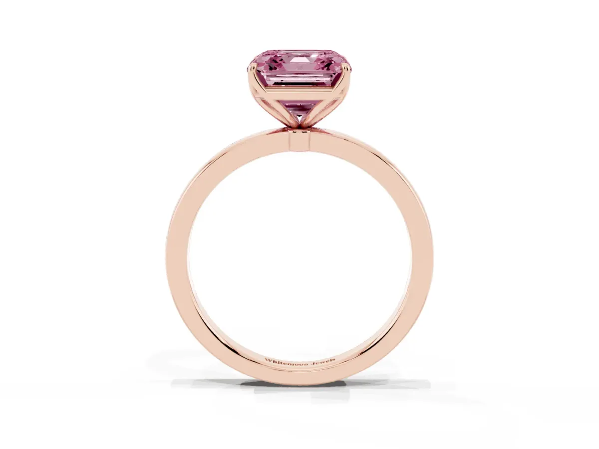 Fancy Pink Asscher Cut Diamond Solitaire Ring with Thin Band and Prong Setting Rose gold