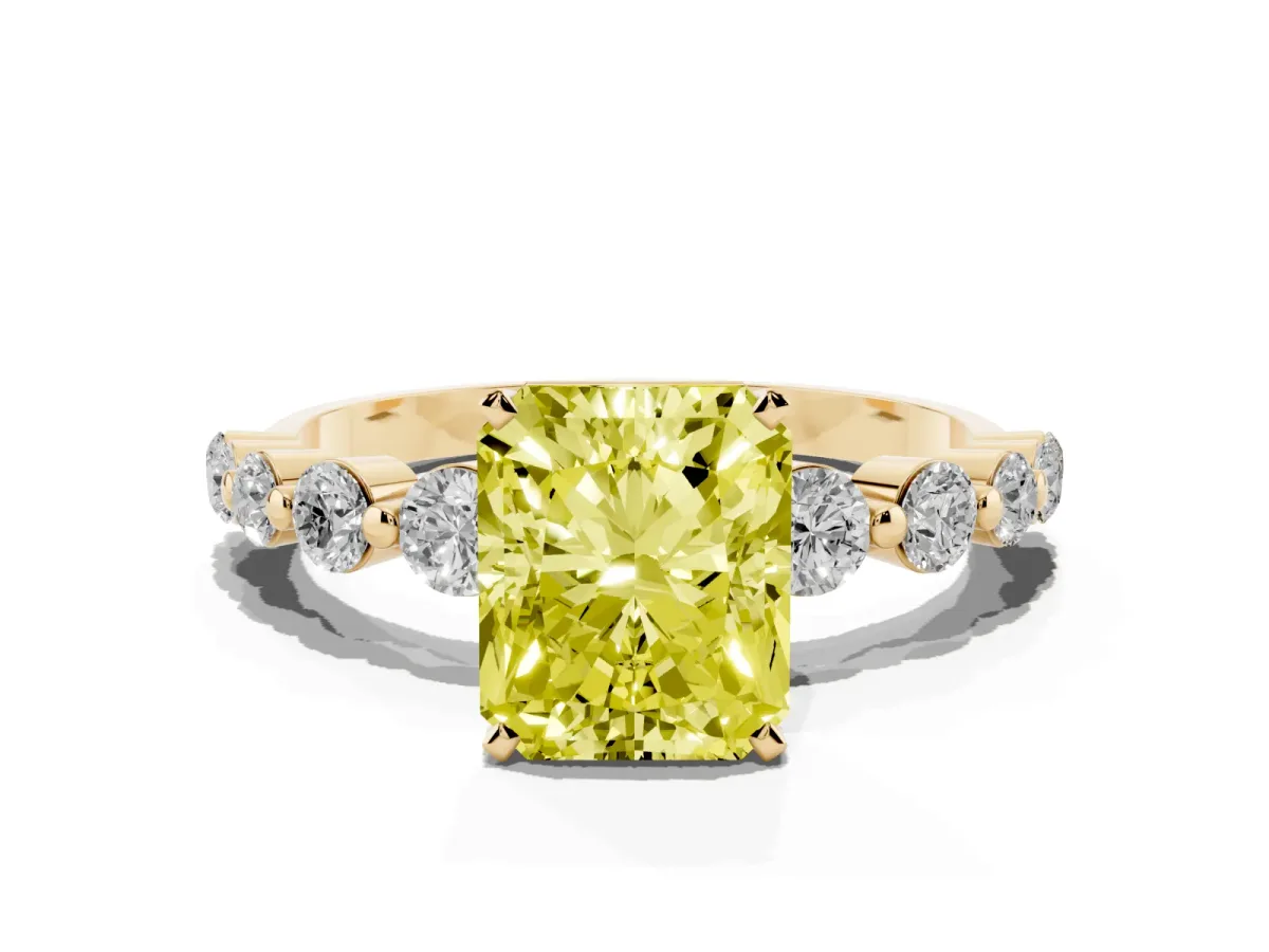 Fancy Yellow Radiant Cut Solitaire Diamond Ring with Pave Band and Four-Prong Setting Yellow gold