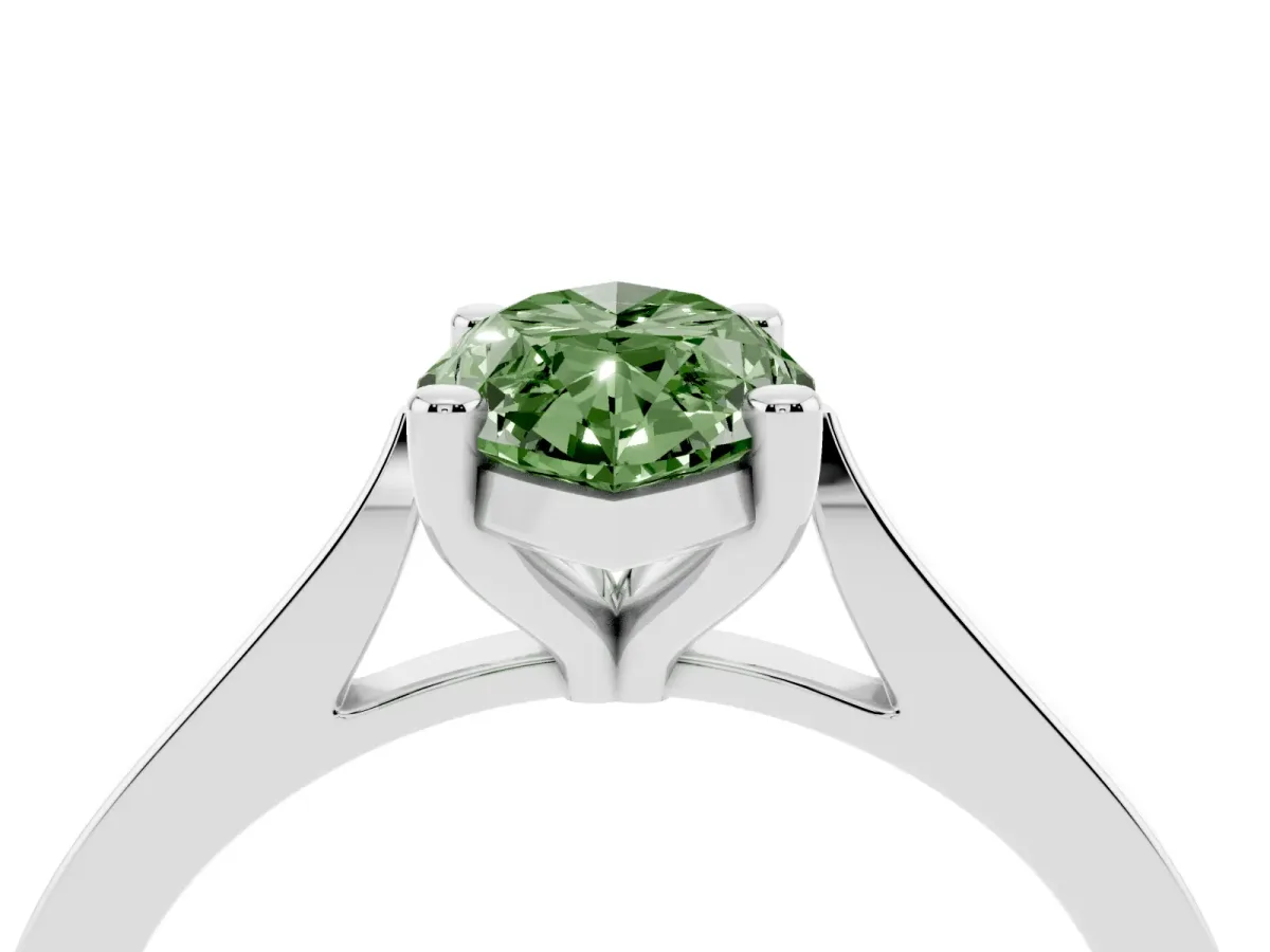 Fancy Green Marquise Cut Solitaire Diamond Ring with Four-Prong Setting and Tapered Band Platinum