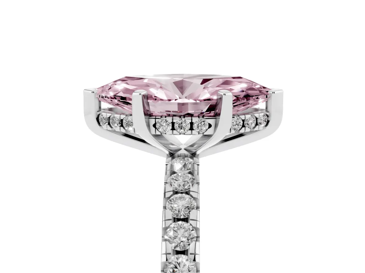 Fancy Pink Marquise Cut Diamond Solitaire Ring with Round Pavé Band and Four-Prong Setting Silver