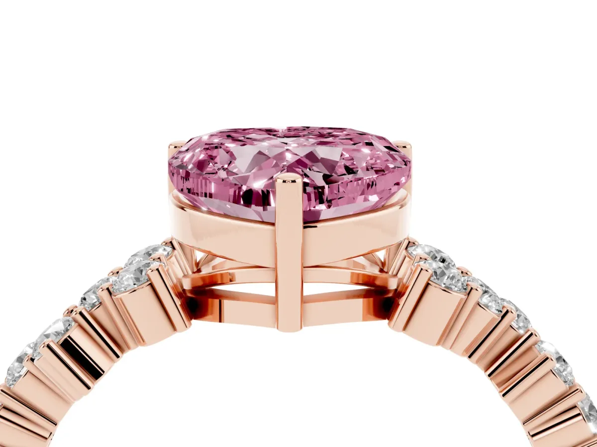 Fancy Pink Heart Cut Diamond Scattered Round Accent Ring with Prong Setting Rose gold